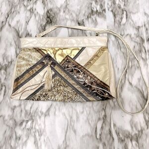 Vintage Cream Gold Leather Patchwork Crossbody Clutch Purse 80s Glam Mob Wife